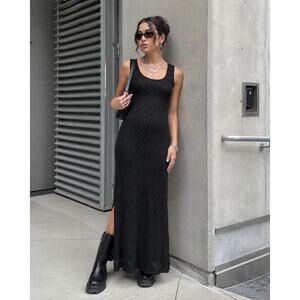 Y2K Black Textured Maxi Dress Side Slit M Rabbit Designs